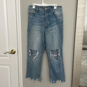 Free People Revolve Tapered Baggy Boyfriend Blue Distressed Destroyed Jeans